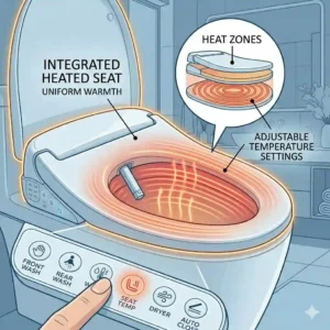 Stylized illustration showing the internal warmth zones of an ergonomic heated seat on an auto bidet.