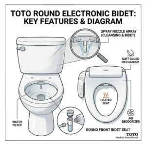 An illustrated diagram highlighting the main features of a toto round bidet.