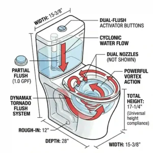 Graphic illustration explaining the 360-degree Dynamax Tornado Flush technology in a toto t40 toilet.