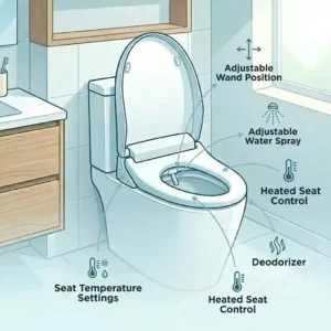 Graphic highlighting the heated seat and air deodorizer comfort settings on a TOTO T40 WASHLET.
