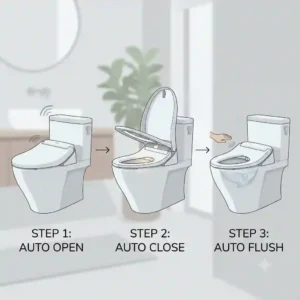 Infographic showing the automatic sequence of a toto washlet auto open lid closing and flushing without manual intervention.