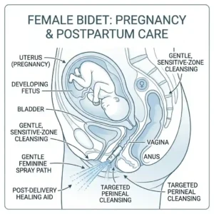 Infographic highlighting the comfort and hygiene benefits of using a female bidet for postpartum recovery and maternal health.