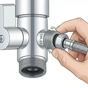 A close-up illustration showing a hand-held bidet sprayer hose being threaded onto the side 1/2-inch male NPT port of a bidet t connector.