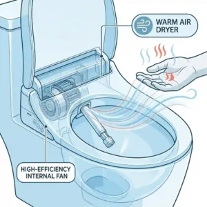 Detailed diagram demonstrating the function of an integrated warm air dryer on an advanced auto bidet.