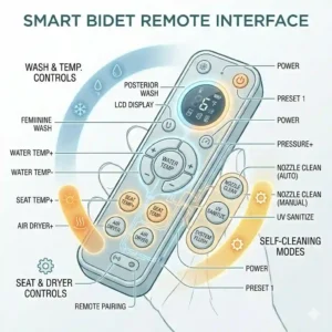 An overview of the wireless remote control interface for a smart self cleaning toilet bidet.