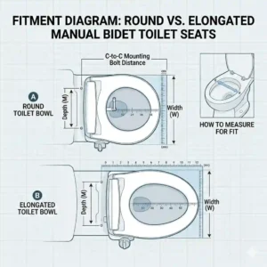 Comparison chart showing how to measure a toilet bowl for a manual bidet toilet seat compatibility.