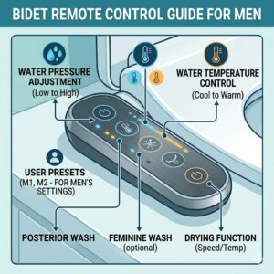 Close-up illustration of a smart bidet for men remote control showing water pressure and temperature settings.