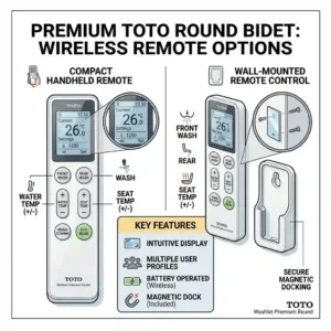 Close-up view of the wireless remote control used with a toto round bidet.