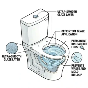 Close-up illustration of the ultra-smooth CeFiONtect ceramic glaze on a toto t40 toilet bowl.