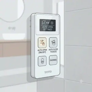 Wall-mounted wireless remote control showing buttons to customize and override the toto washlet auto open lid and seat functions.