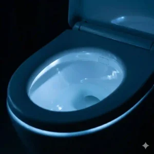 Dimly lit view of an intelligent toilet bowl illuminated by a built-in soft blue LED nightlight, part of the auto bidet system.