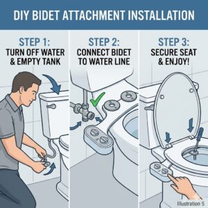 A step-by-step DIY installation graphic showing how to connect a bidet for men attachment to a standard toilet.