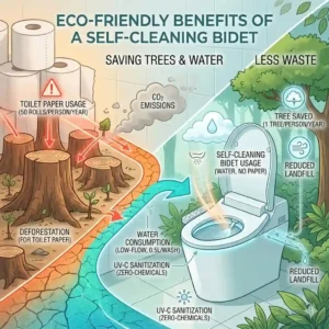 Infographic displaying the environmental benefits of switching to a self cleaning toilet bidet over standard paper.