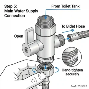 A close-up diagram-style illustration showing the final step of a bidet t connector installation, where a hand securely hand-tightens the flexible water supply line to the bottom of the T-valve.