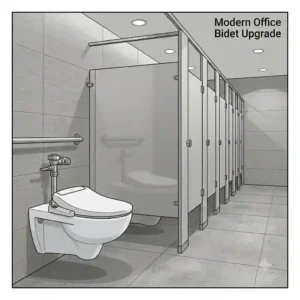 A row of modern office restroom stalls equipped with a high-quality bidet for a commercial toilet.