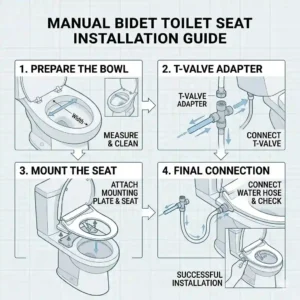 Step-by-step visual guide showing how to connect a manual bidet toilet seat to a water supply valve.