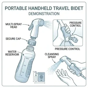 Line art drawing of an ergonomic handheld portable female bidet bottle designed for travel and personal hygiene on the go.