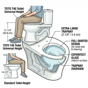 Ergonomic illustration comparing a standard seat height to the toto t40 toilet universal height design.