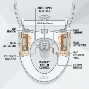 Technical illustration highlighting how the toto washlet auto open and close feature helps retain seat warmth and reduce energy consumption.