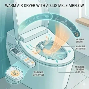 Illustration of the hands free warm air dryer function on an electric self cleaning toilet bidet.