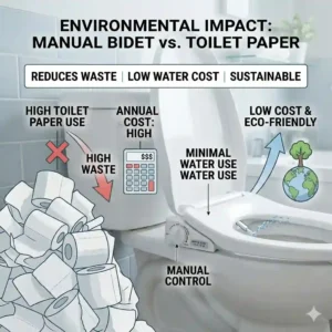 Infographic showing the environmental impact and paper savings when using a manual bidet toilet seat.