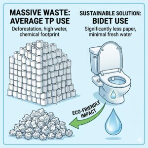 Sustainability comparison graphic illustrating how switching to a bidet for men dramatically reduces toilet paper consumption.