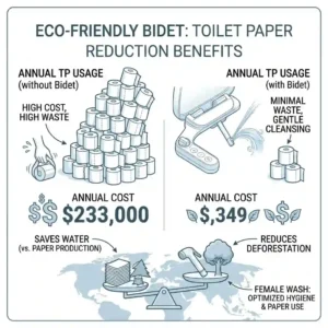 Environmental illustration comparing toilet paper consumption to water usage, promoting the eco friendly benefits of a female bidet.