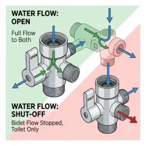 A square infographic illustration diagram, split into "WATER FLOW: OPEN" and "WATER FLOW: SHUT-OFF" panels, showing the internal mechanism of the bidet t connector valve to regulate bidet flow.