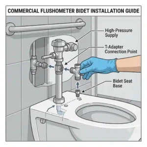Technical schematic showing how to install and connect a bidet for a commercial toilet to a flushometer plumbing system