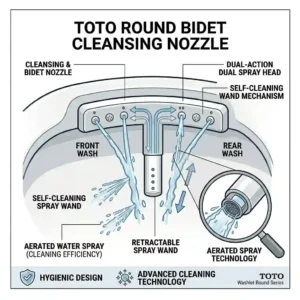 Illustration of the dual-action spray wand on a toto round bidet and its cleaning pattern.