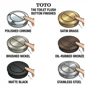Diagram showcasing different metallic finishes available for the toto t40 toilet dual-flush button.