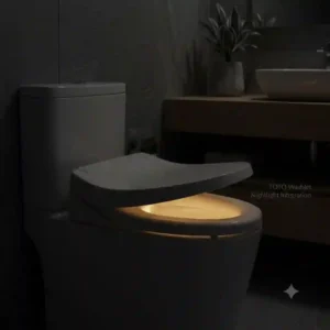 A dimly lit bathroom showcasing the soft glowing nightlight of a toto washlet auto open lid raised.