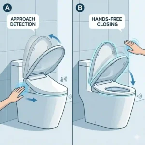 Two-panel illustrative diagram showing the sensor detection and automatic lid opening of a hands-free auto bidet.