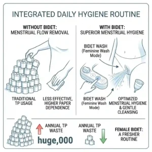 Conceptual lifestyle illustration depicting a female bidet as an essential tool for personal care and fresh menstrual hygiene.