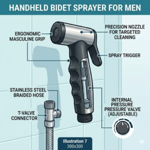 Product illustration of an ergonomic stainless steel handheld bidet for men sprayer and trigger system.