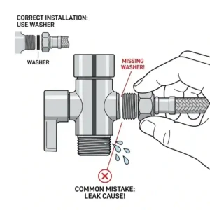 An educational illustration depicting a common installation mistake where a hand attempts to connect the bidet hose without inserting the black rubber washer, leading to leaks, as highlighted by red text labels and a cross-section diagram of the bidet t connector connection.