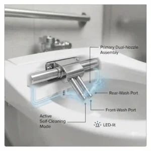 Demonstration of the hygienic self-cleaning dual nozzle mechanism of a bidet for a commercial toilet