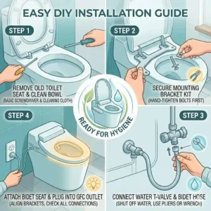 Step by step installation guide diagram for attaching a self cleaning toilet bidet seat to home plumbing.