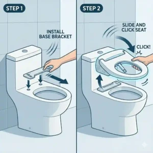 Simplified diagram showing how to easily install and retrofit an electronic bidet seat to convert a toilet into an auto bidet.