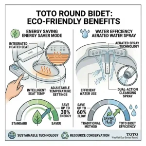 Graphic showing the energy-saving features and eco-friendly benefits of a toto round bidet.