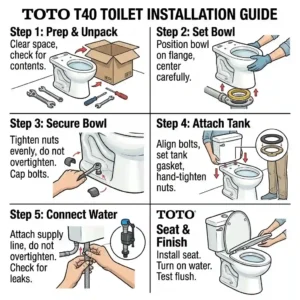 Step-by-step DIY installation diagram for a standard toto t40 toilet setup.
