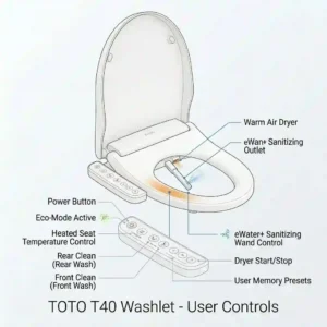 Infographic explaining the smart energy-saving mode and water efficiency of the TOTO T40 WASHLET.
