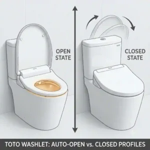 Side-by-side product comparison showing the sleek profile of a toto washlet auto open in both completely closed and fully open positions.