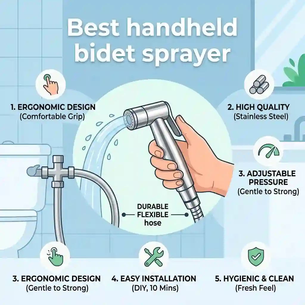 A modern stainless steel handheld bidet sprayer mounted on a bathroom wall next to a clean toilet.