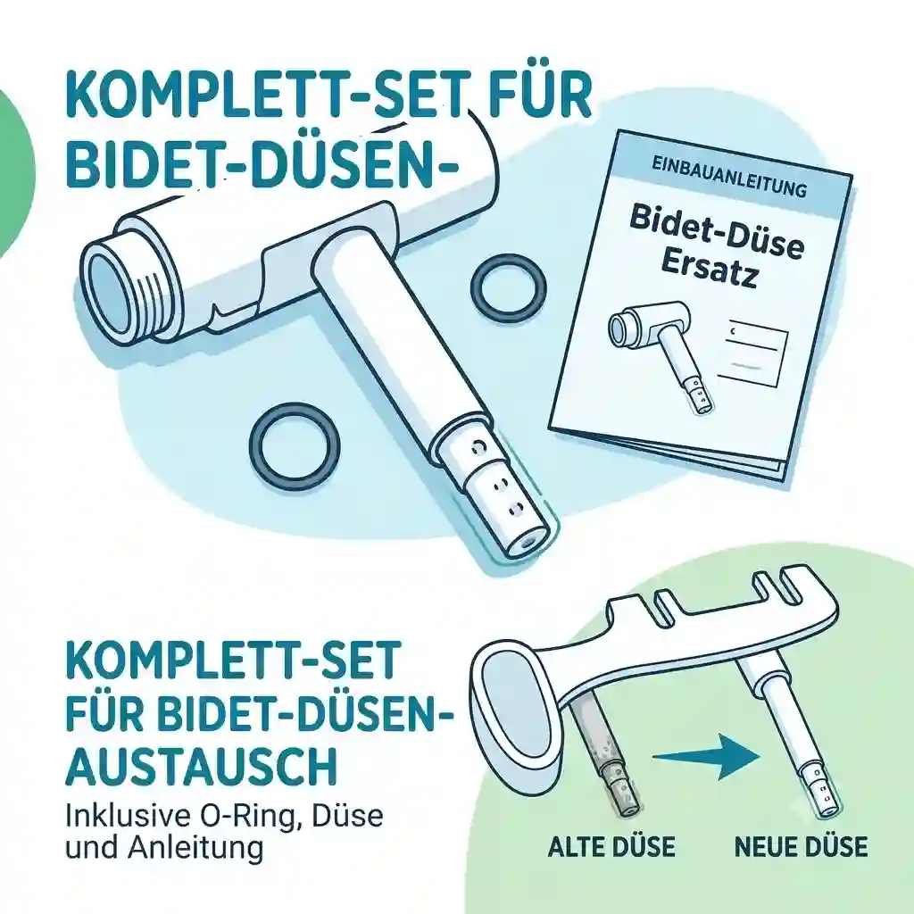 A complete bidet nozzle replacement kit displayed neatly on a bathroom counter, showing the main nozzle body, O-rings, and installation manual.