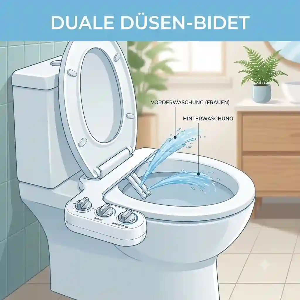 Modern bathroom interior highlighting a toilet equipped with a premium dual nozzle bidet attachment.