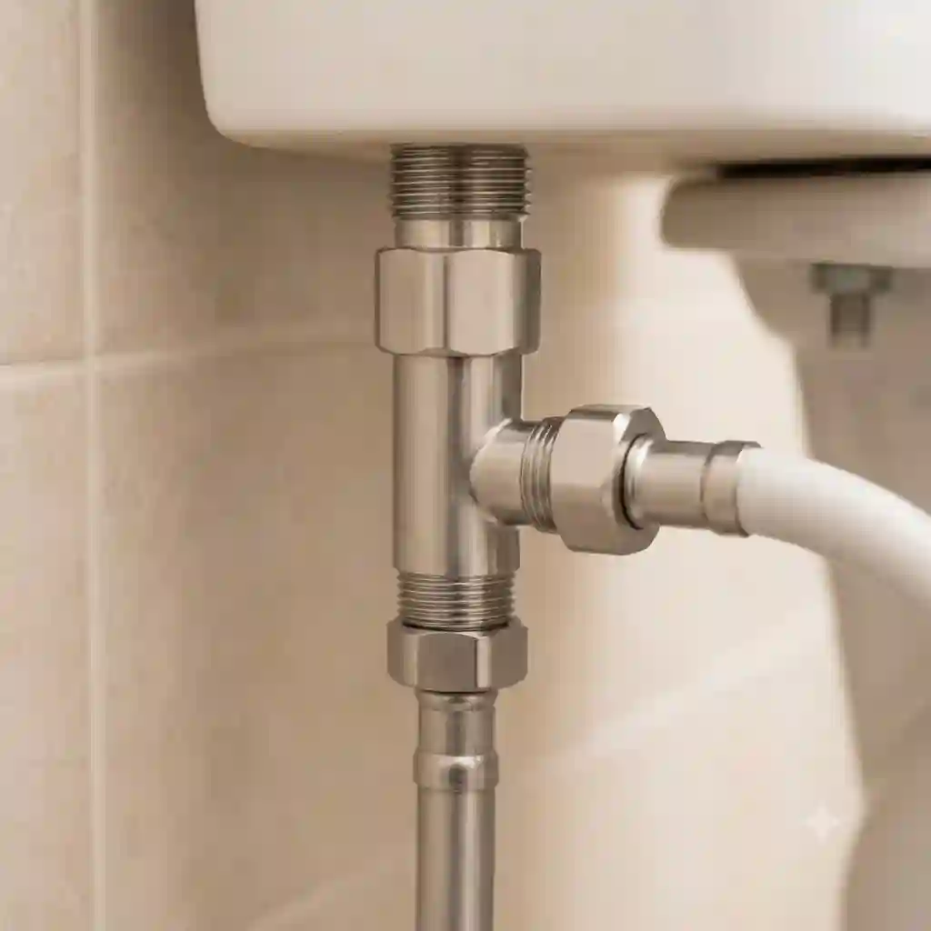 Stainless steel t adapter valve installed on a toilet water supply line for a bidet connection.
