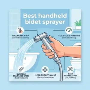 Diagram showing the premium features of the best handheld bidet sprayer, including an ergonomic handle and a leak-proof brass T-valve.