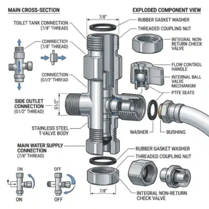 Labeled diagram illustrating the internal anatomy and brass components of a 3-way t adapter valve.