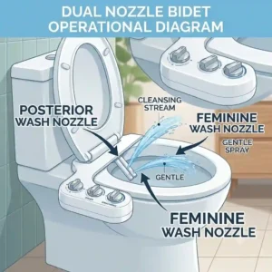 Close-up diagram showing the distinct angles of a dual nozzle bidet for posterior and feminine cleaning modes.